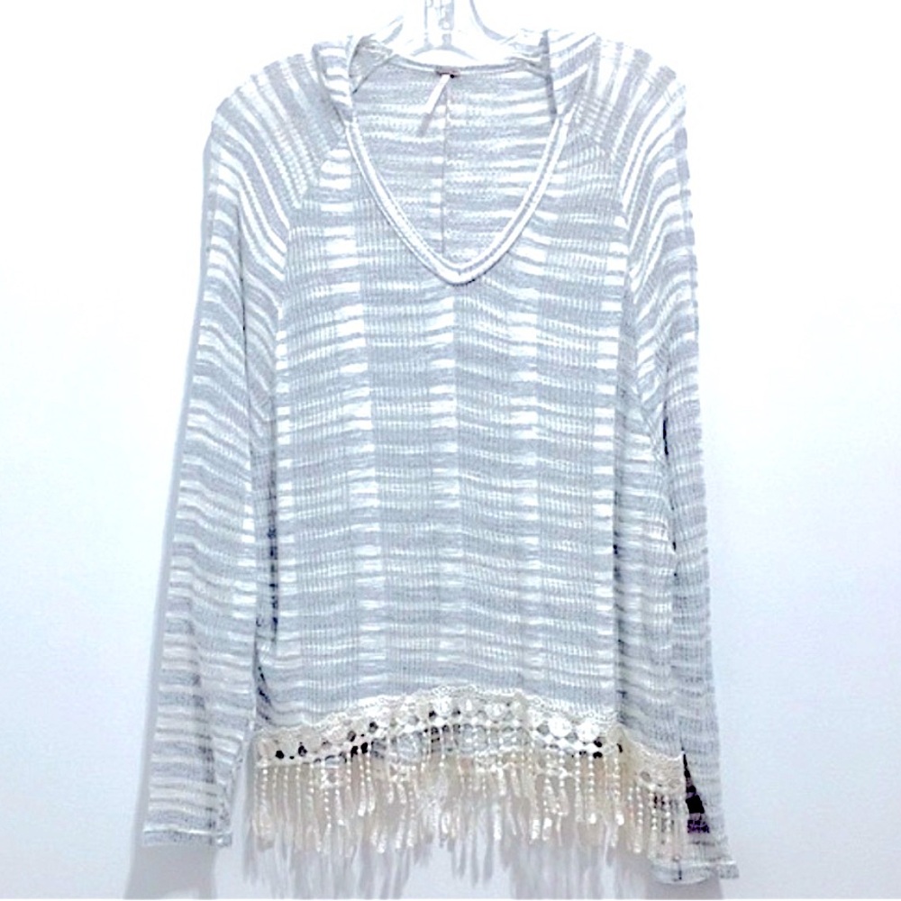 POOF Women’s Knit Crochet Fringe V-Neck Hoodie